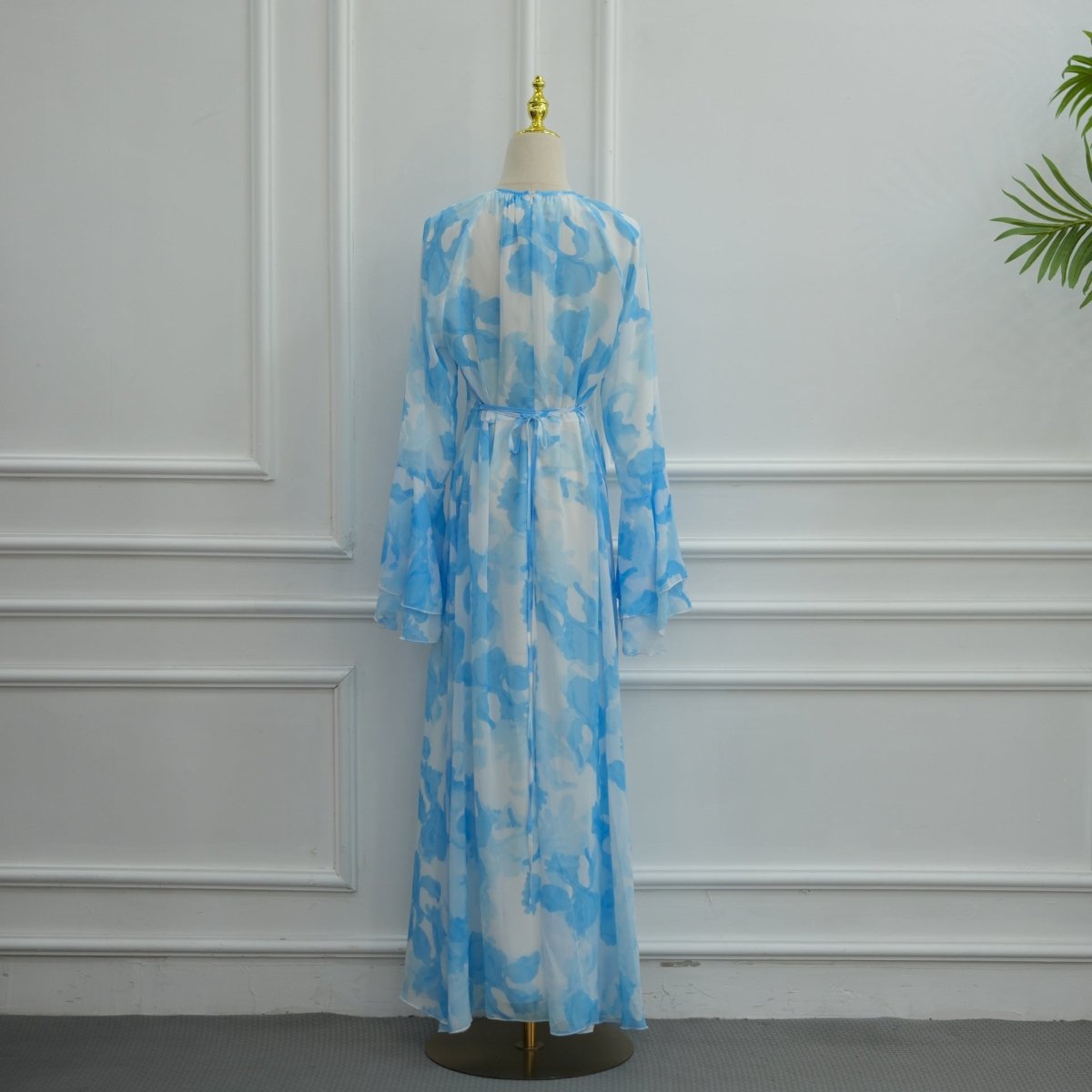 Watercolour Print Double-Layer Flared-Sleeve Maxi Dress