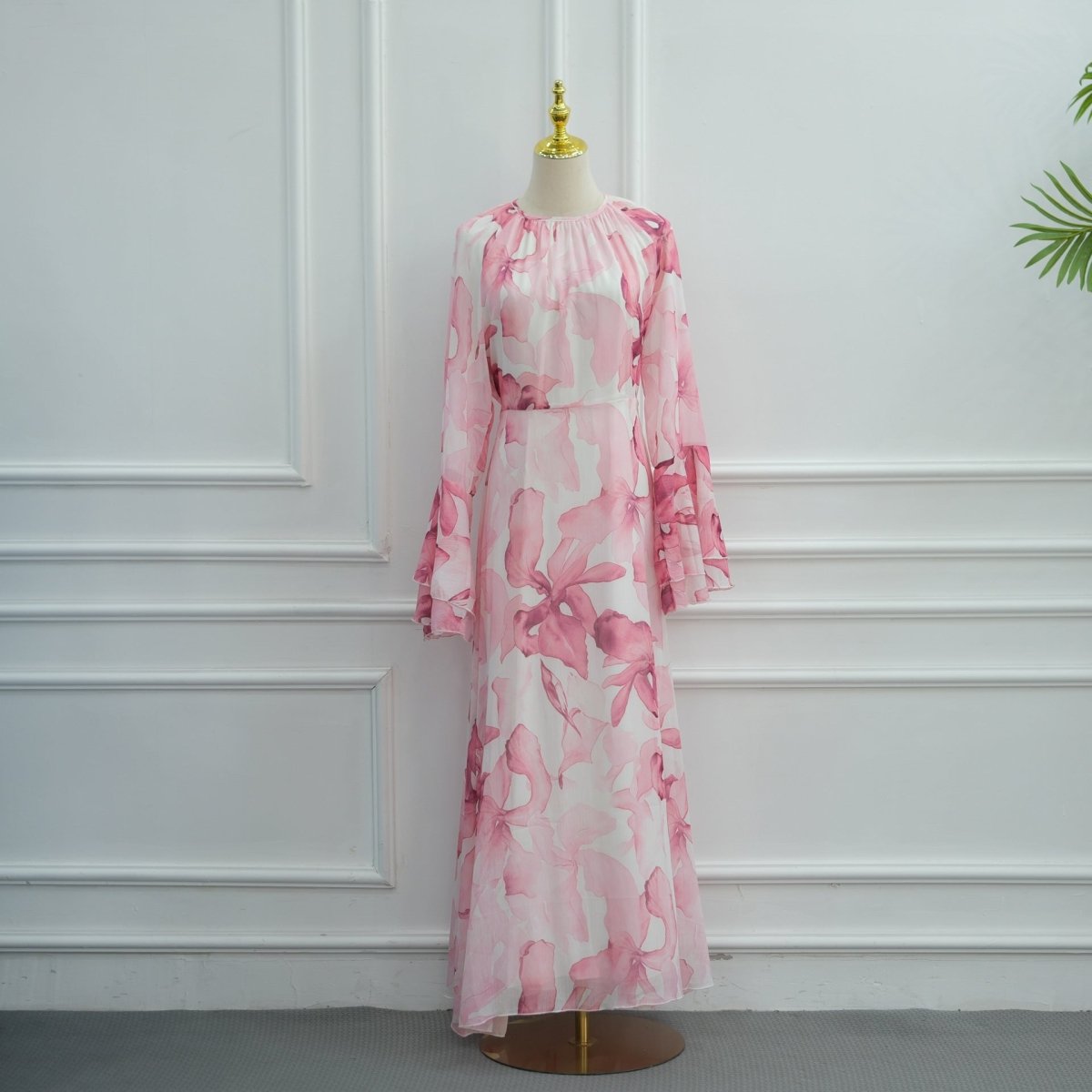 Watercolour Print Double-Layer Flared-Sleeve Maxi Dress