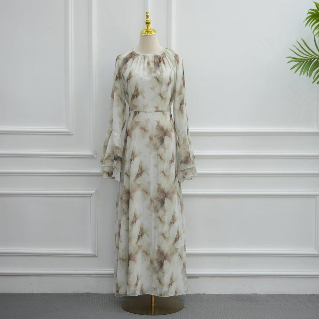 Watercolour Print Double-Layer Flared-Sleeve Maxi Dress