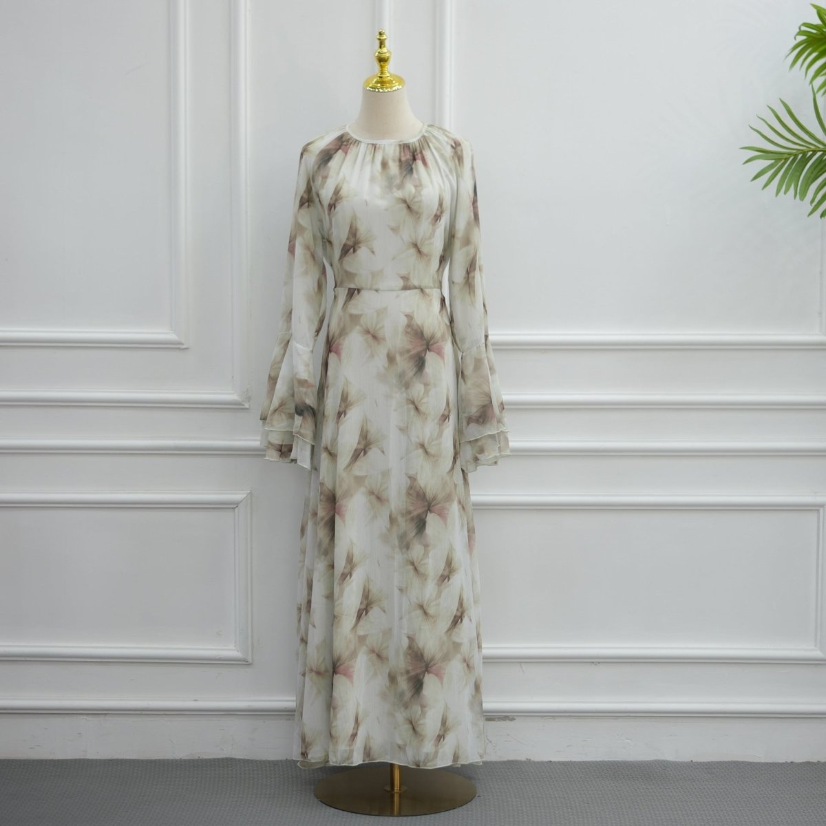 Watercolour Print Double-Layer Flared-Sleeve Maxi Dress
