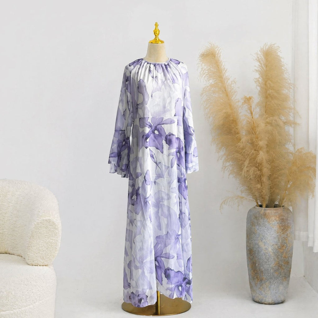Watercolour Print Double-Layer Flared-Sleeve Maxi Dress
