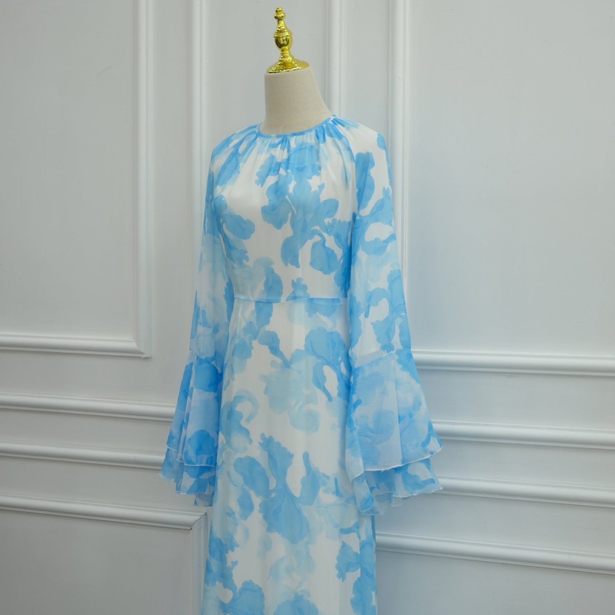 Watercolour Print Double-Layer Flared-Sleeve Maxi Dress