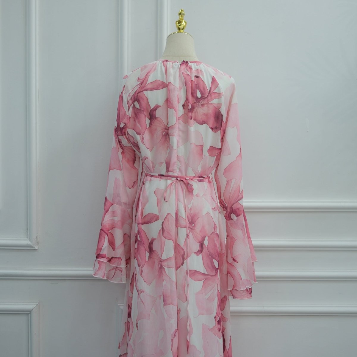 Watercolour Print Double-Layer Flared-Sleeve Maxi Dress