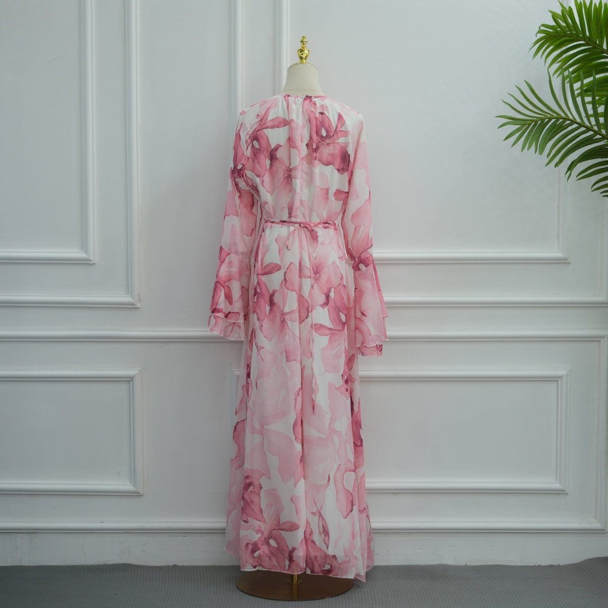 Watercolour Print Double-Layer Flared-Sleeve Maxi Dress